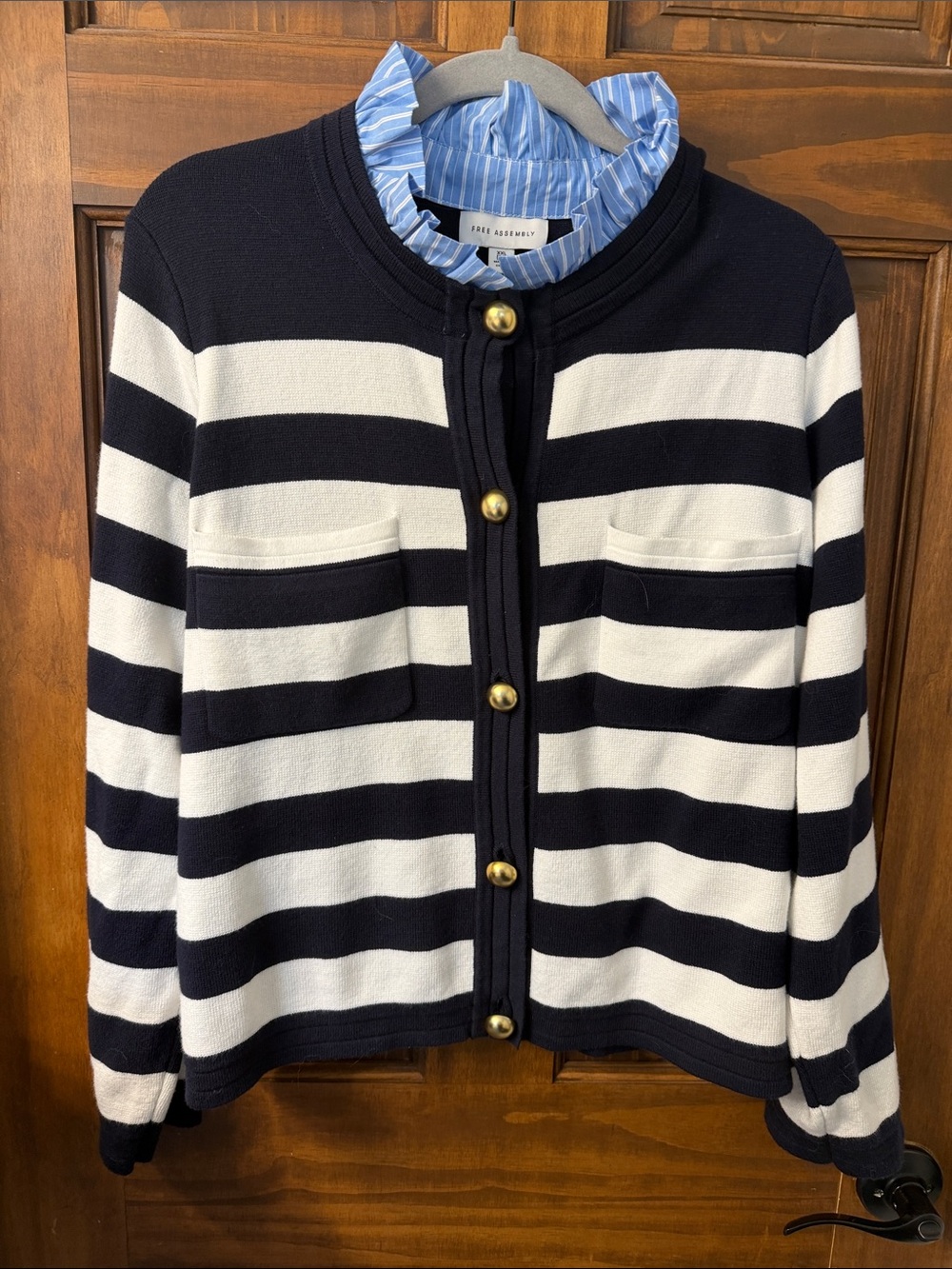 Striped Navy & White Gold-Button Knit Blazer